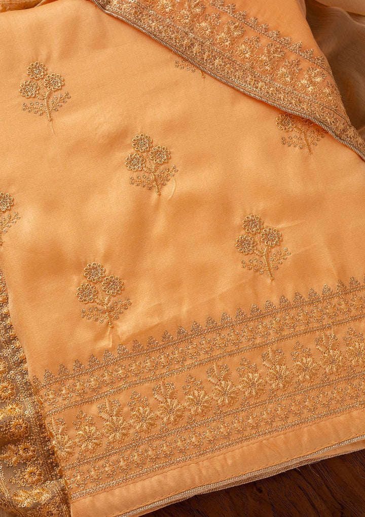 Light Orange Threadwork Semi Crepe Designer Unstitched Salwar Suit - koskii