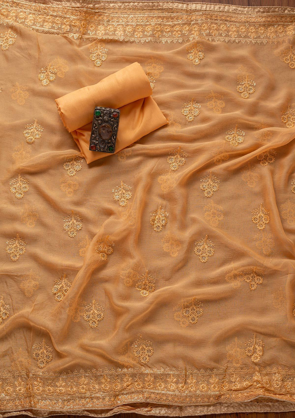 Light Orange Threadwork Semi Crepe Designer Unstitched Salwar Suit - koskii