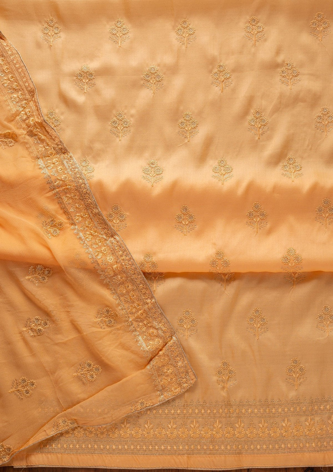 Light Orange Threadwork Semi Crepe Designer Unstitched Salwar Suit - koskii