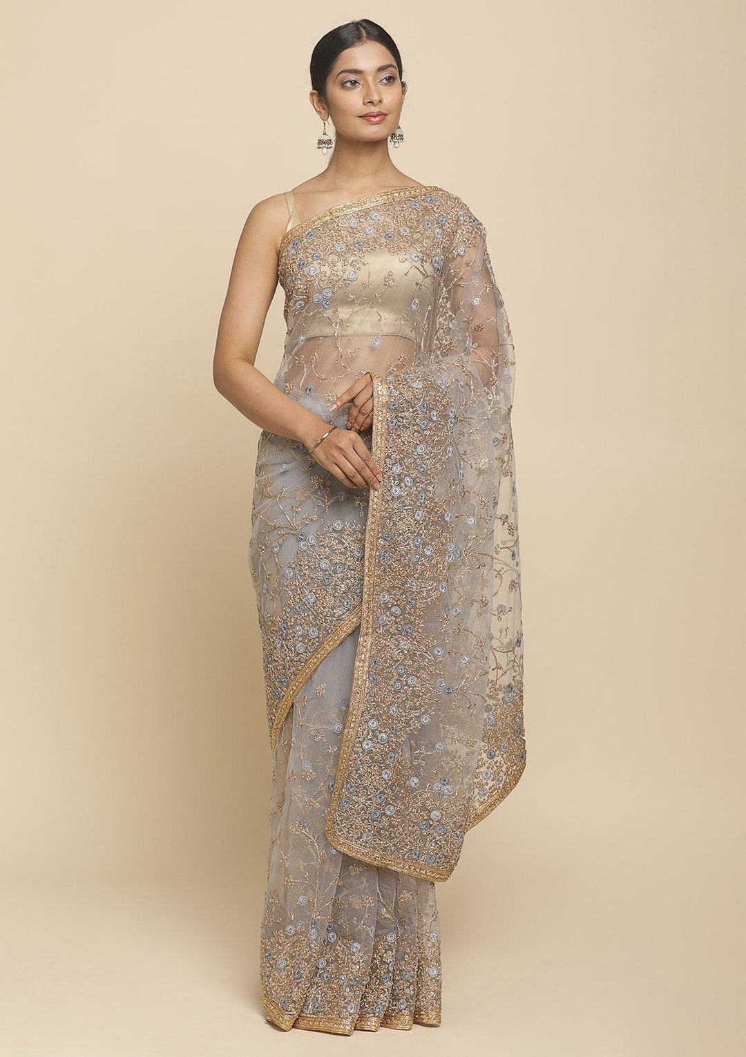 Light Grey Pearlwork  Net Designer Saree - koskii
