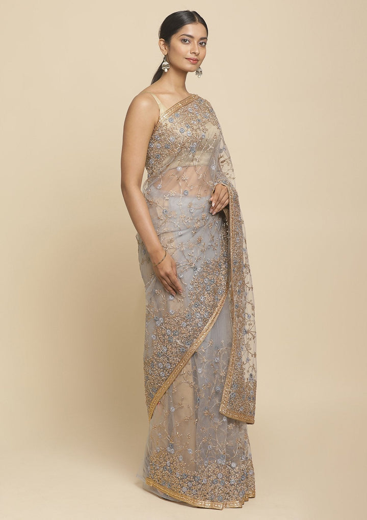 Light Grey Pearlwork  Net Designer Saree - koskii