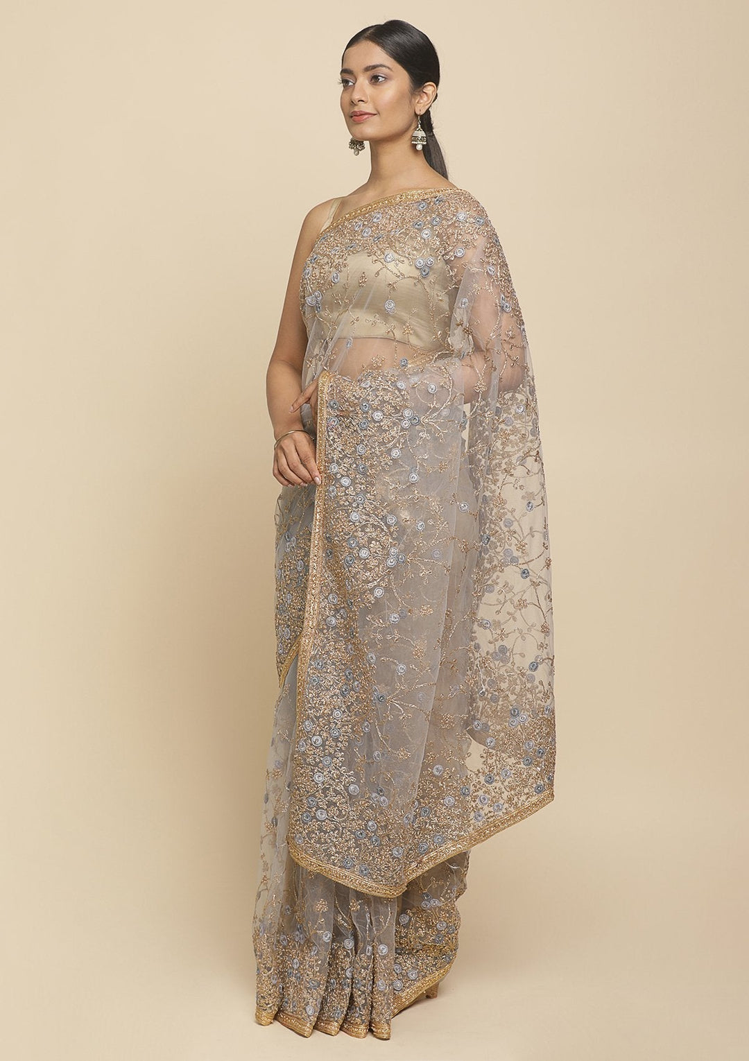 Light Grey Pearlwork  Net Designer Saree - koskii