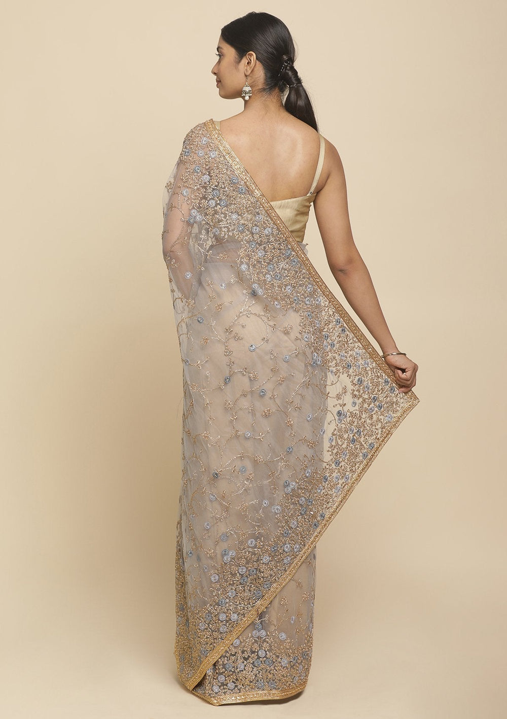 Light Grey Pearlwork  Net Designer Saree - koskii
