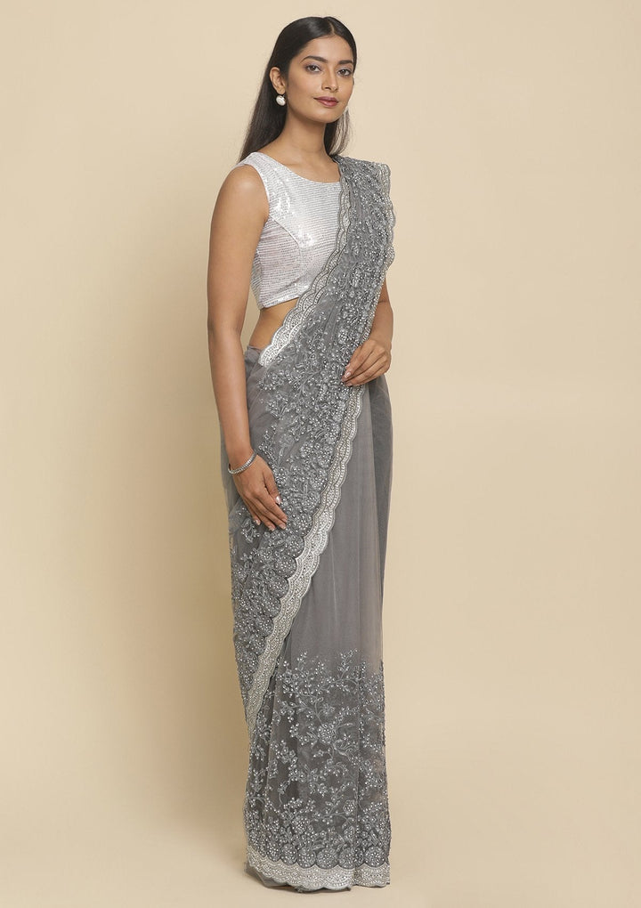 Light Grey Silver Stonework  Net Designer Saree - koskii