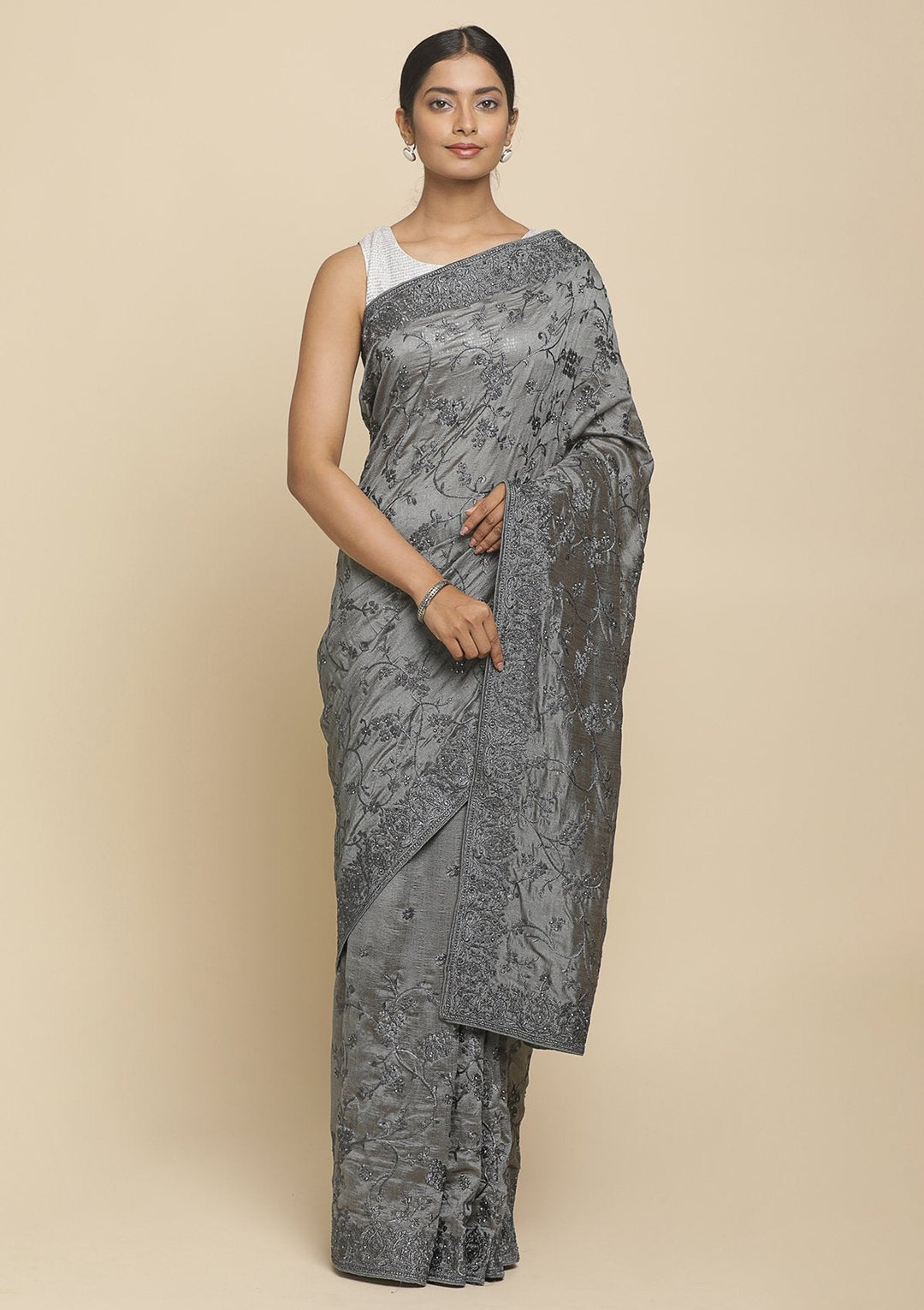 Light Grey Stonework  Art Silk Designer Saree - koskii