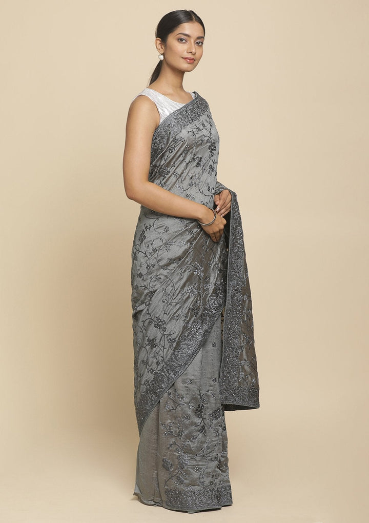 Light Grey Stonework  Art Silk Designer Saree - koskii
