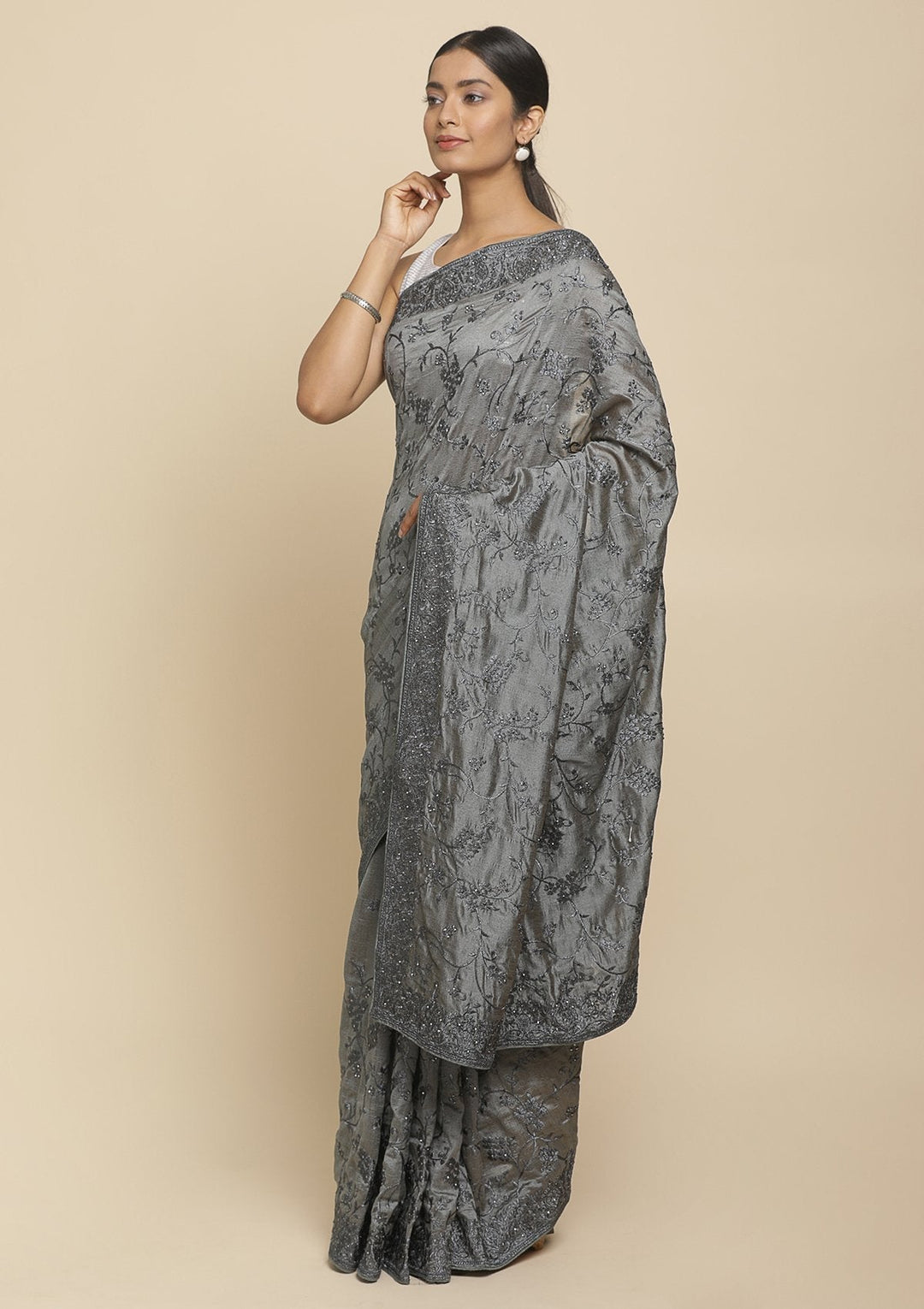 Light Grey Stonework  Art Silk Designer Saree - koskii