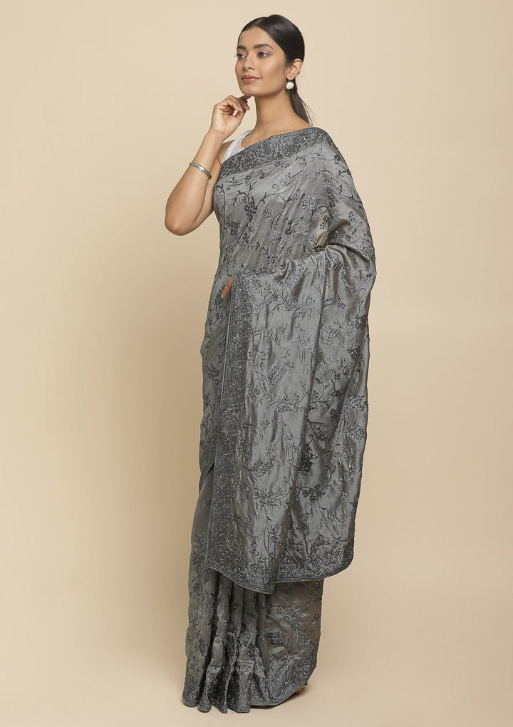 Light Grey Stonework  Art Silk Designer Saree - koskii