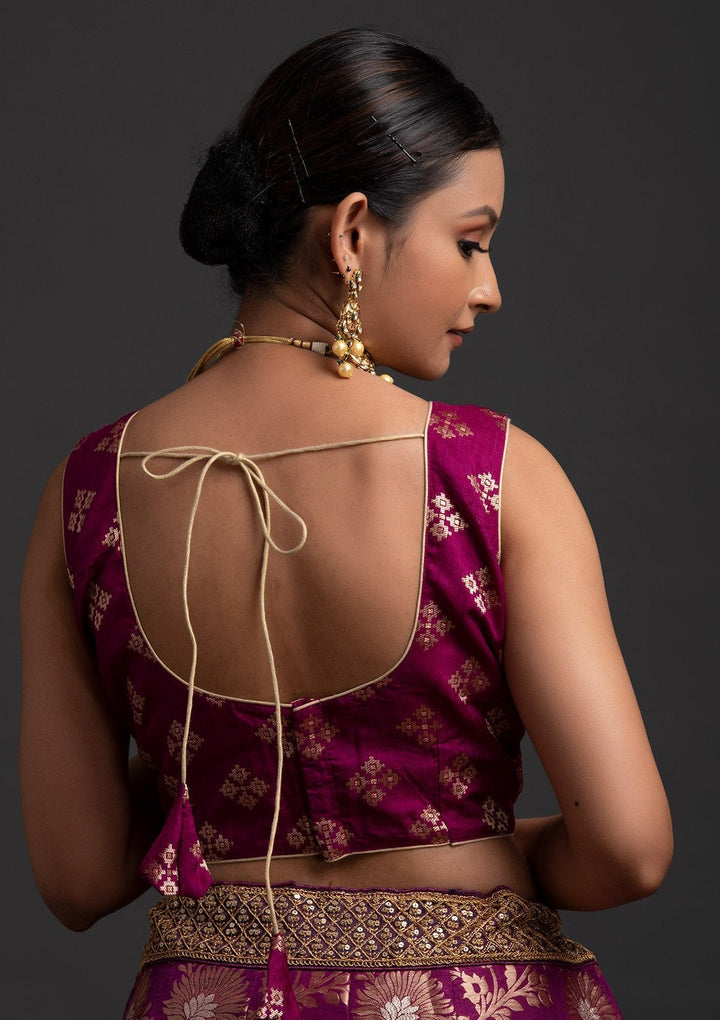 Magenta Pink Sequins Banarasi Designer Semi-Stitched Lehenga - koskii