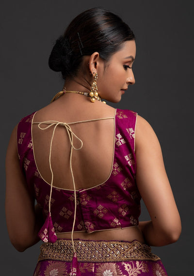 Magenta Pink Sequins Banarasi Designer Semi-Stitched Lehenga - koskii