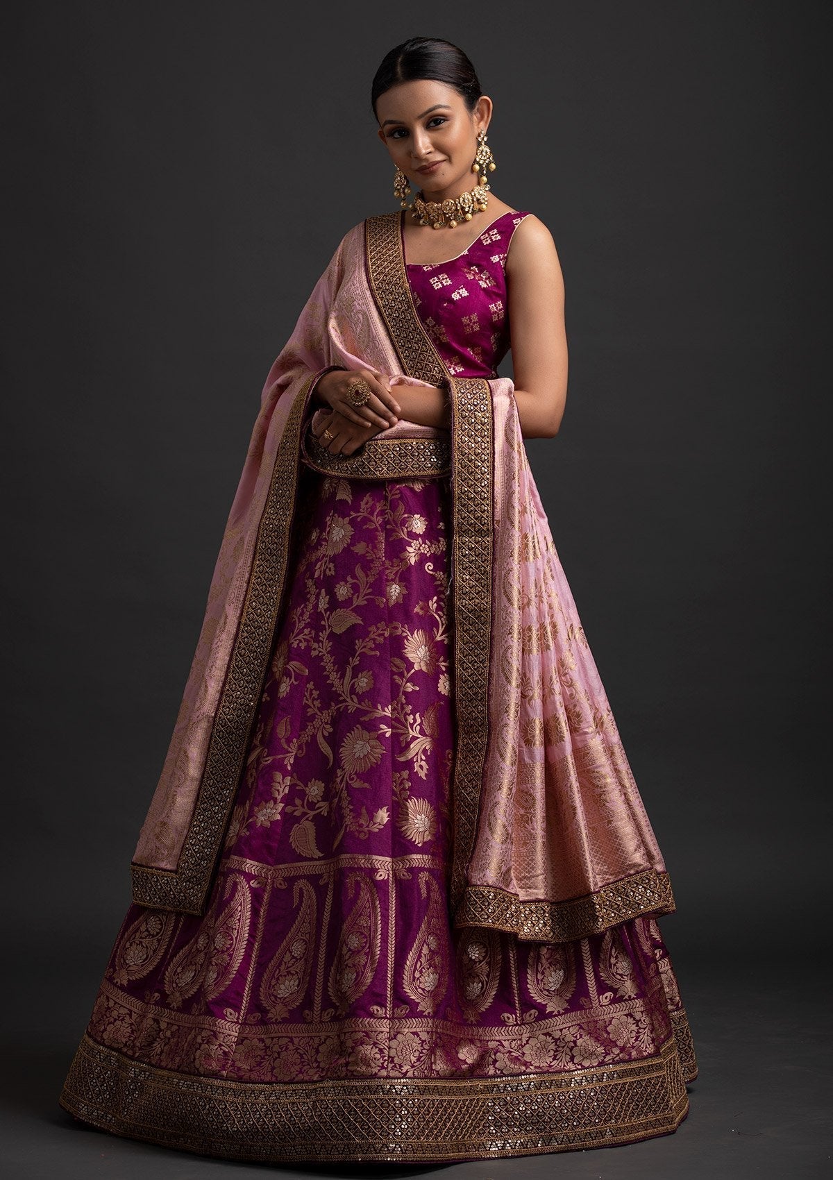 Magenta Pink Sequins Banarasi Designer Semi-Stitched Lehenga - koskii