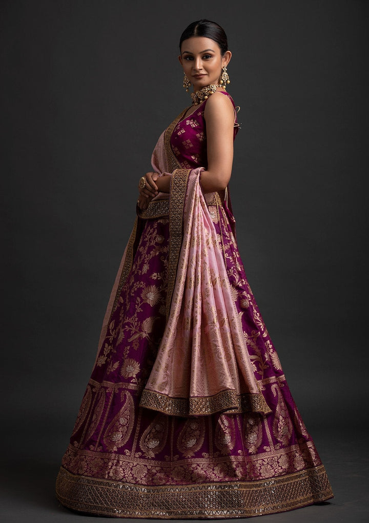 Magenta Pink Sequins Banarasi Designer Semi-Stitched Lehenga - koskii