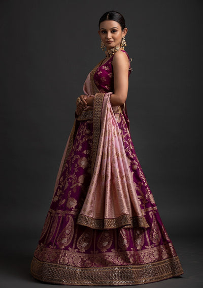 Magenta Pink Sequins Banarasi Designer Semi-Stitched Lehenga - koskii