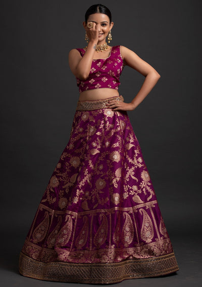 Magenta Pink Sequins Banarasi Designer Semi-Stitched Lehenga - koskii
