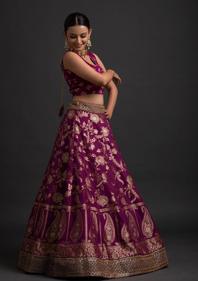 Magenta Pink Sequins Banarasi Designer Semi-Stitched Lehenga - koskii