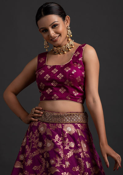 Magenta Pink Sequins Banarasi Designer Semi-Stitched Lehenga - koskii