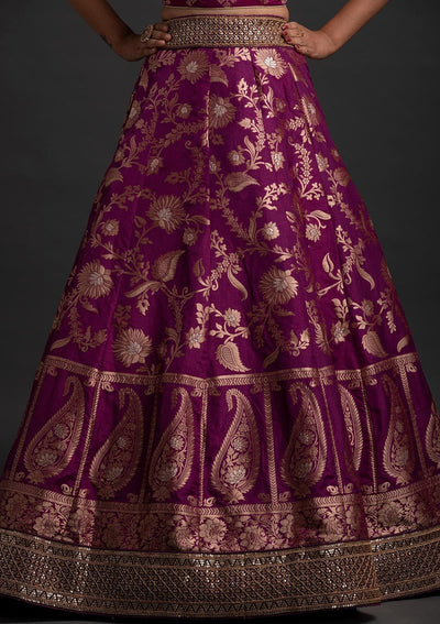 Magenta Pink Sequins Banarasi Designer Semi-Stitched Lehenga - koskii