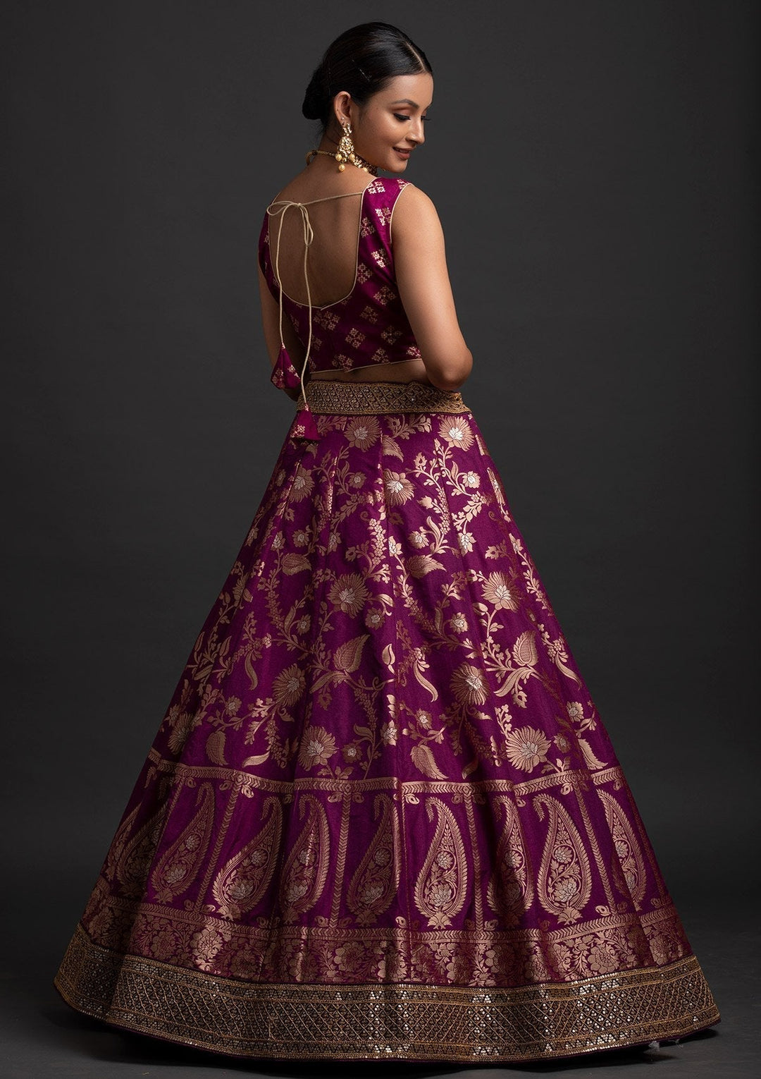 Magenta Pink Sequins Banarasi Designer Semi-Stitched Lehenga - koskii