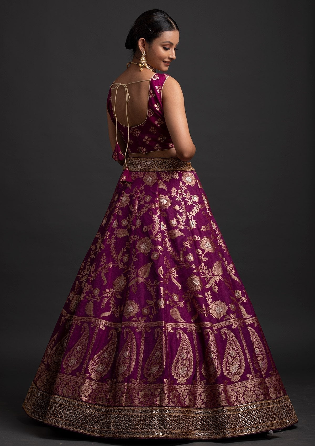Magenta Pink Sequins Banarasi Designer Semi-Stitched Lehenga - koskii