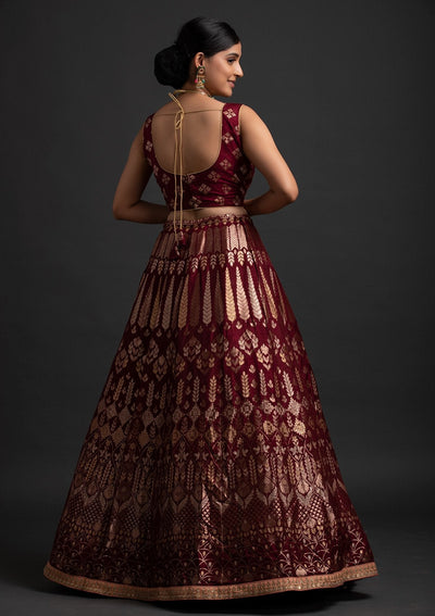 Maroon Gotapatti Banarasi Designer Semi-Stitched Lehenga - koskii