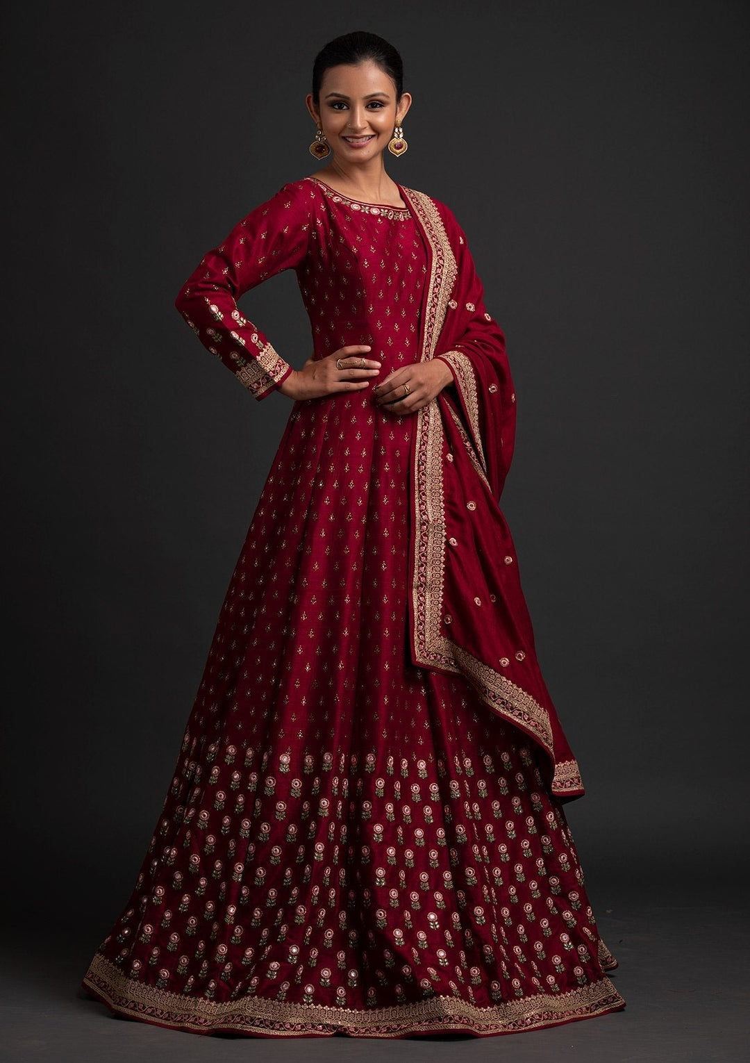Maroon Mirrorwork Raw Silk Designer Gown - koskii
