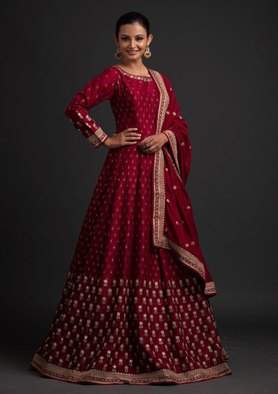Maroon Mirrorwork Raw Silk Designer Gown - koskii