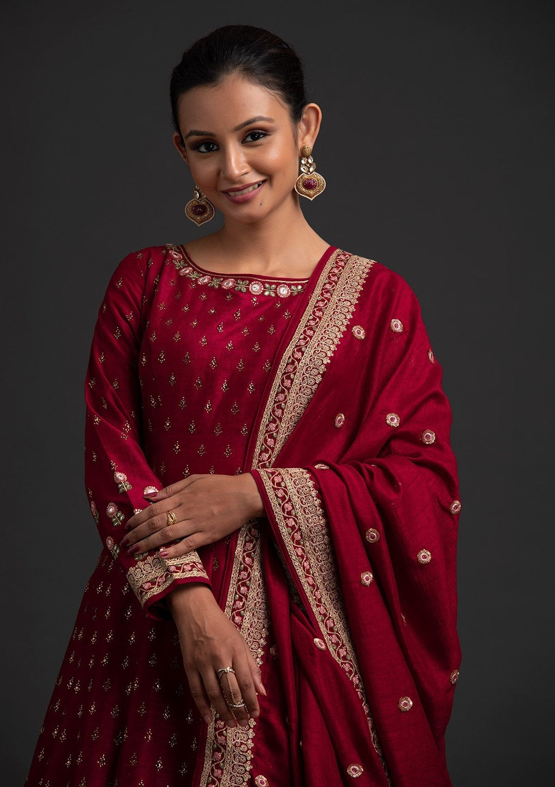 Maroon Mirrorwork Raw Silk Designer Gown - koskii