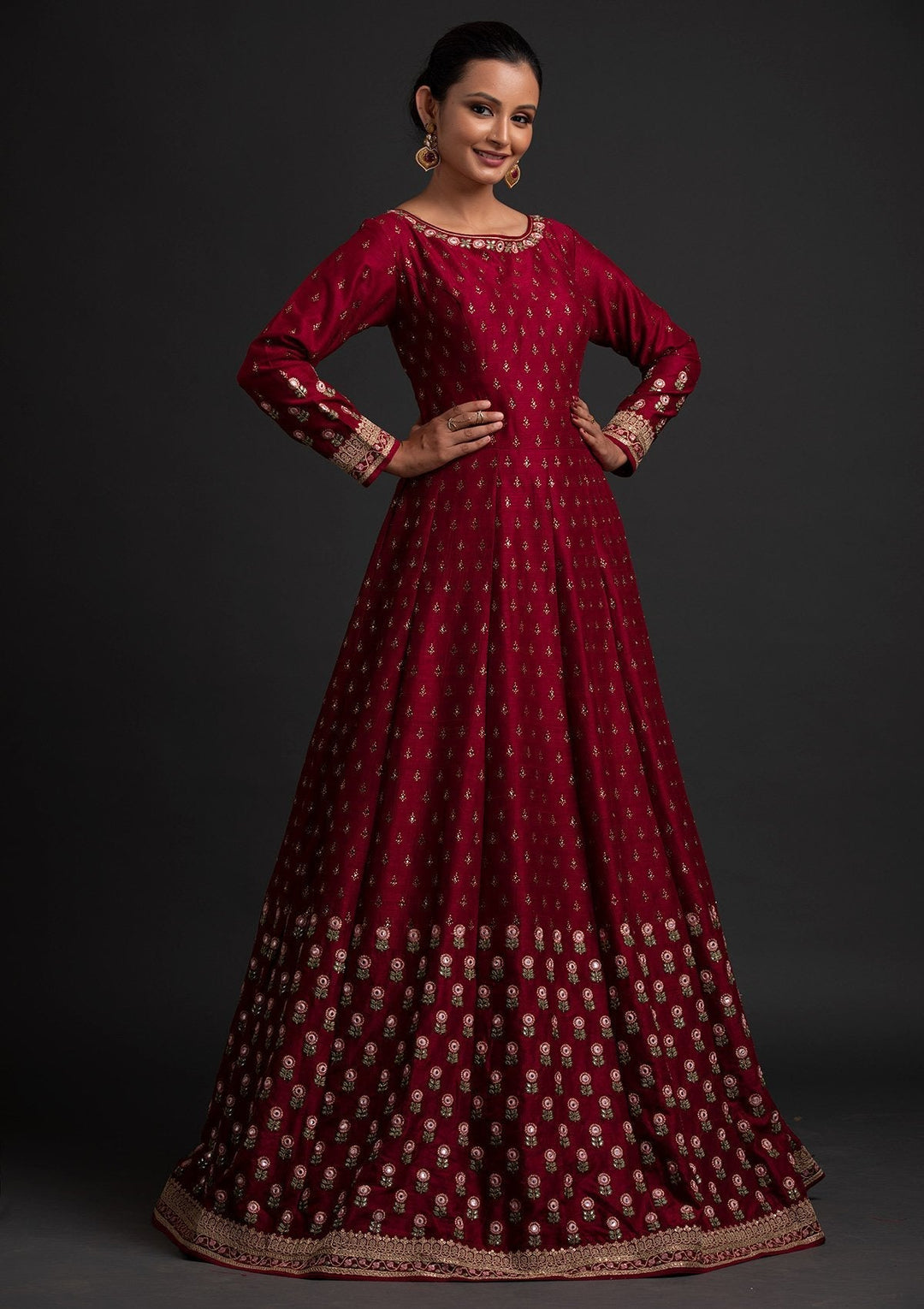 Maroon Mirrorwork Raw Silk Designer Gown - koskii