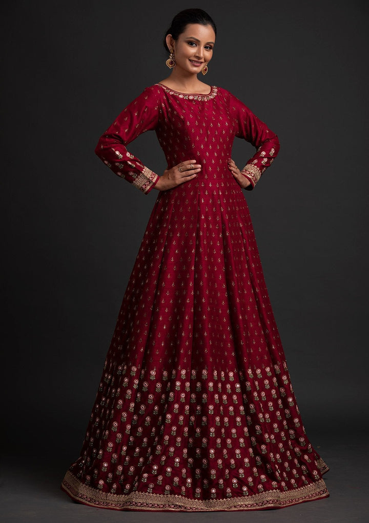 Maroon Mirrorwork Raw Silk Designer Gown - koskii