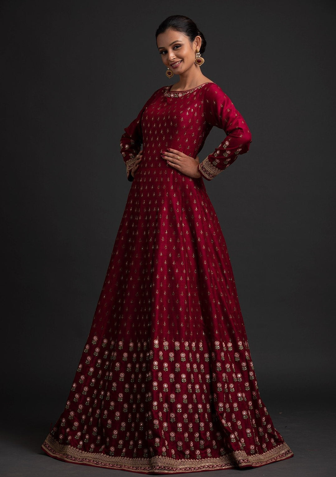 Maroon Mirrorwork Raw Silk Designer Gown - koskii