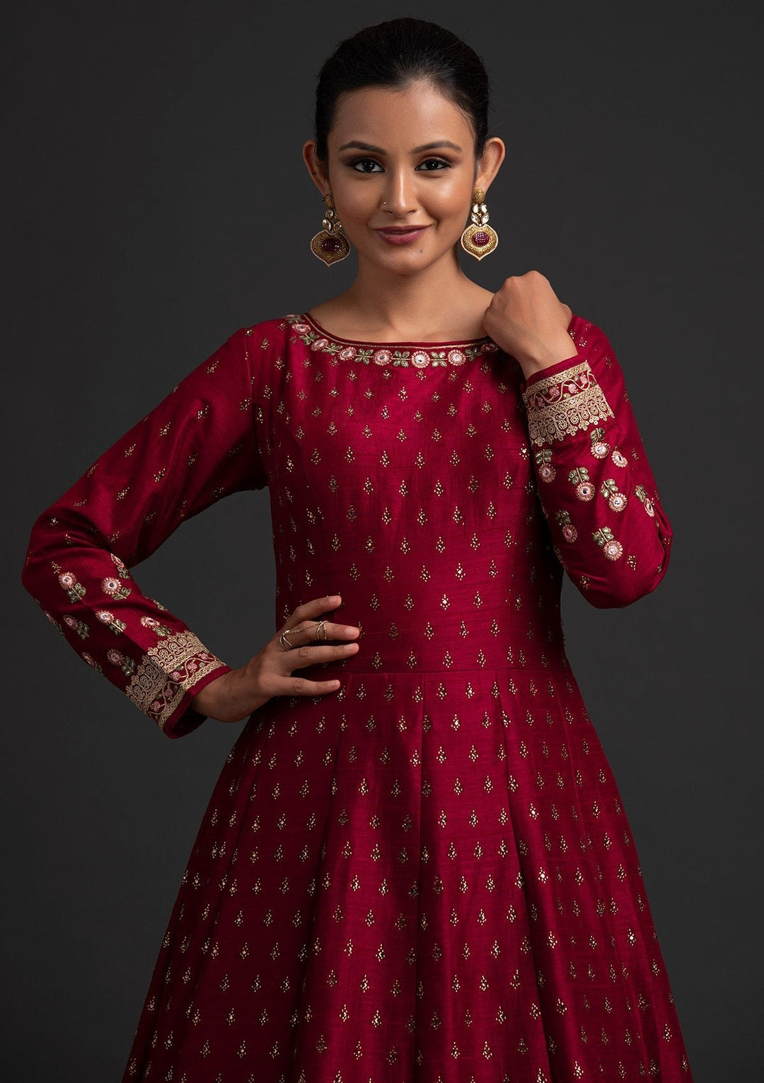Maroon Mirrorwork Raw Silk Designer Gown - koskii