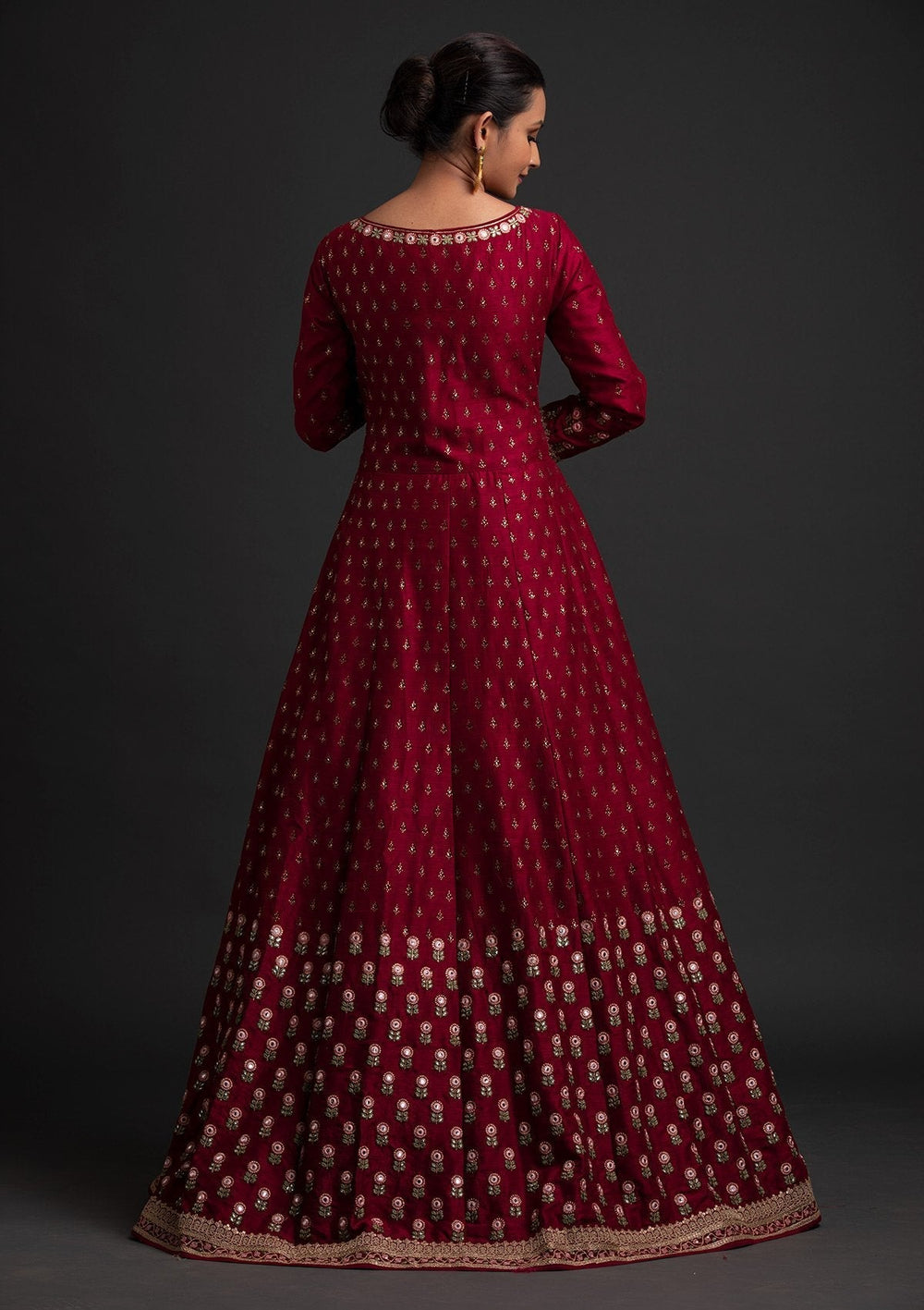 Maroon Mirrorwork Raw Silk Designer Gown - koskii