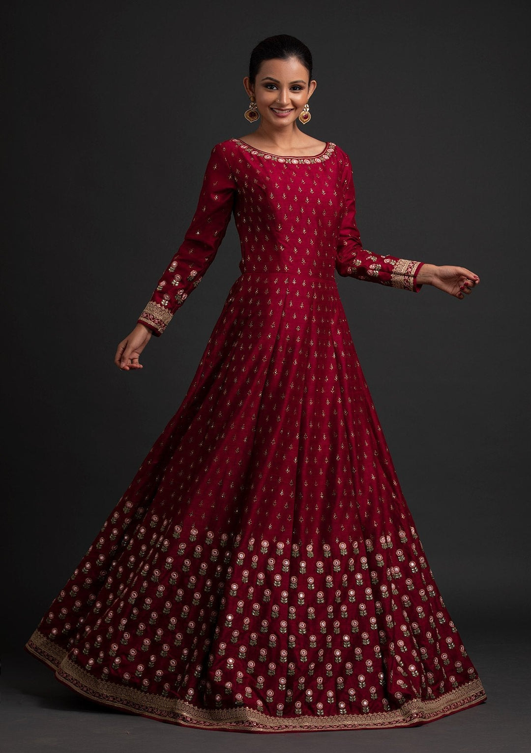 Maroon Mirrorwork Raw Silk Designer Gown - koskii