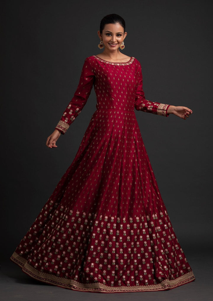 Maroon Mirrorwork Raw Silk Designer Gown - koskii