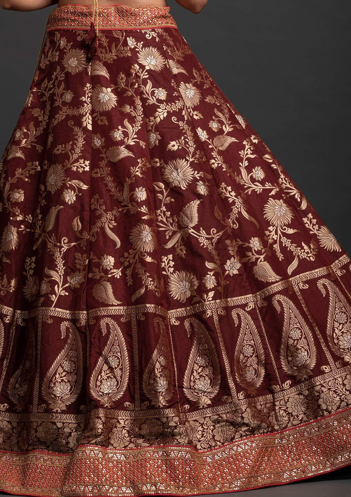 Maroon Sequins Banarasi Designer Semi-Stitched Lehenga - koskii