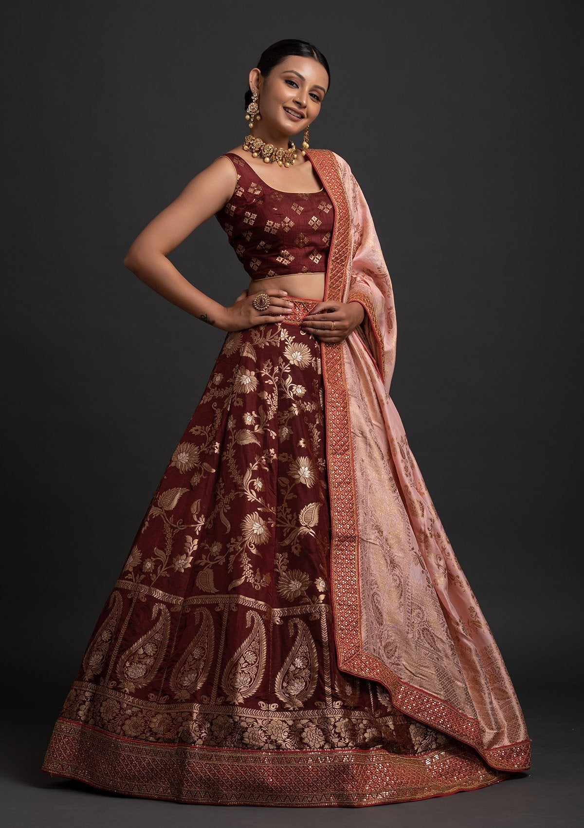 Maroon Sequins Banarasi Designer Semi-Stitched Lehenga - koskii