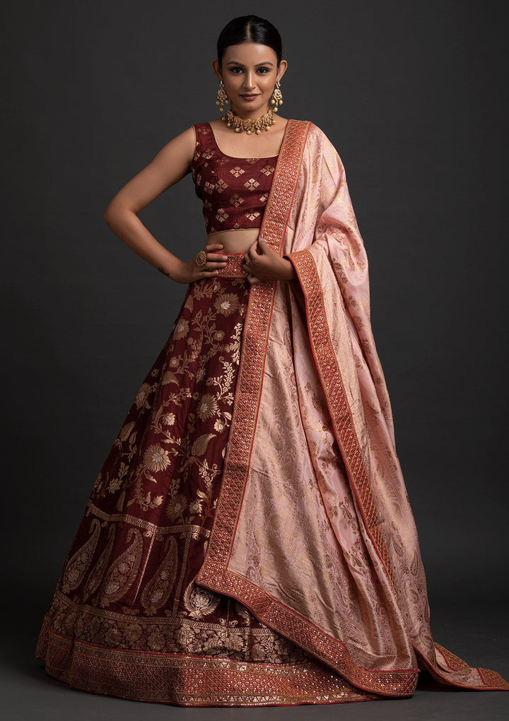 Maroon Sequins Banarasi Designer Semi-Stitched Lehenga - koskii