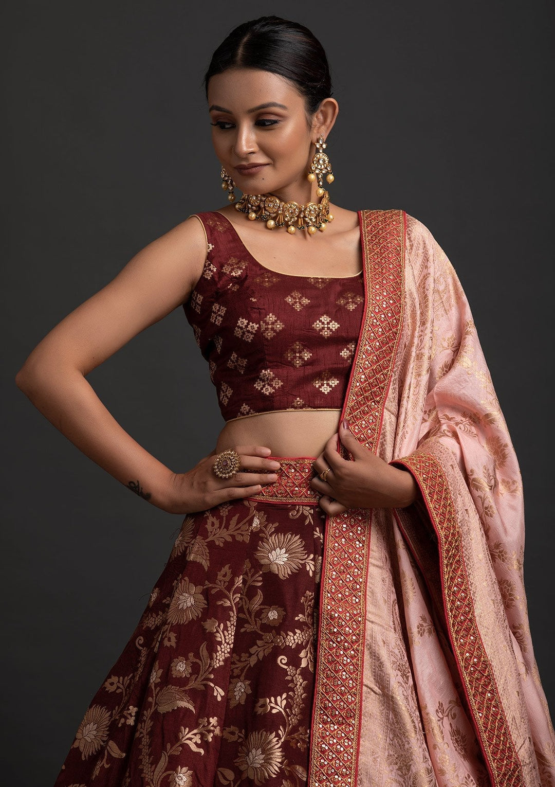 Maroon Sequins Banarasi Designer Semi-Stitched Lehenga - koskii