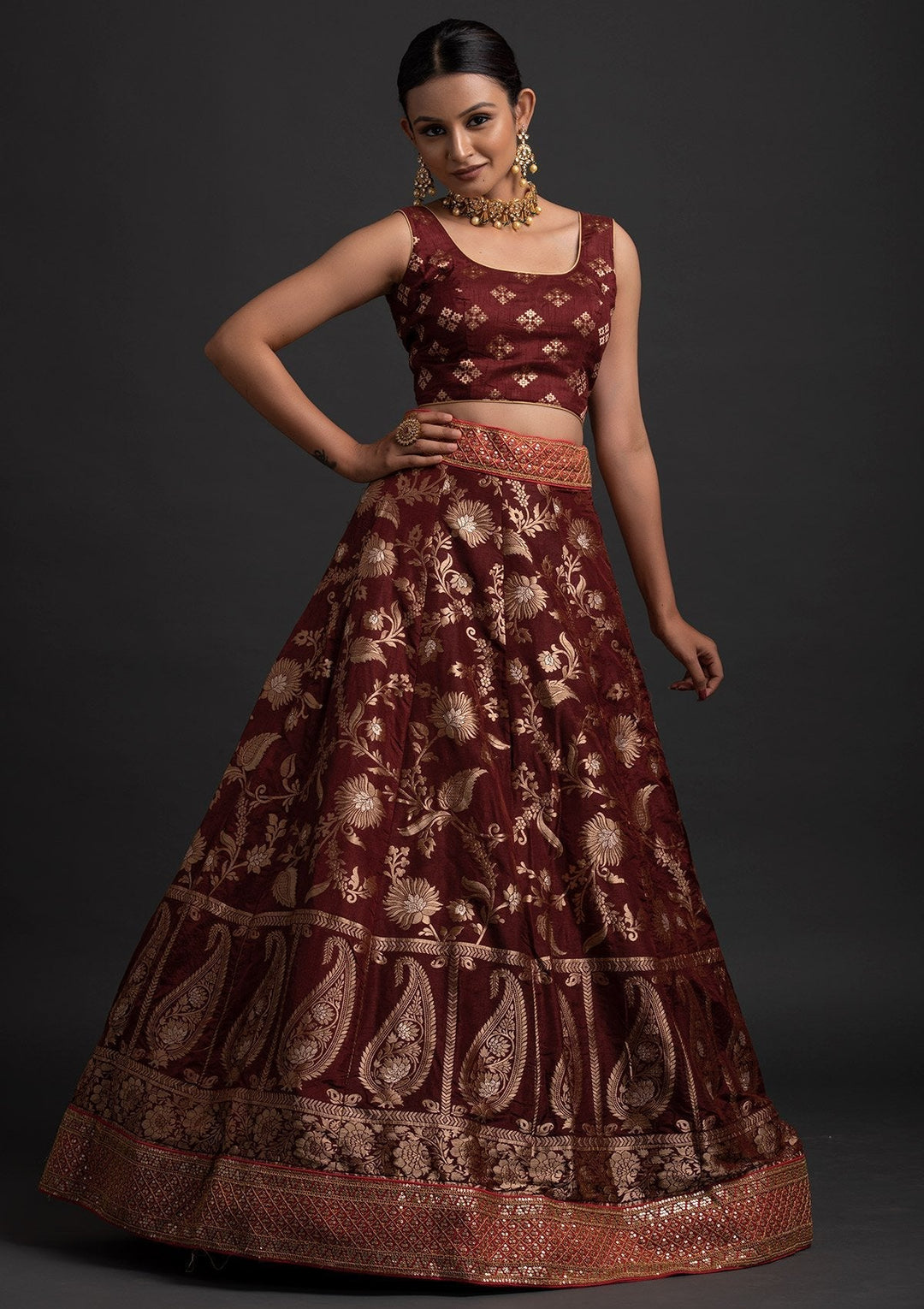 Maroon Sequins Banarasi Designer Semi-Stitched Lehenga - koskii