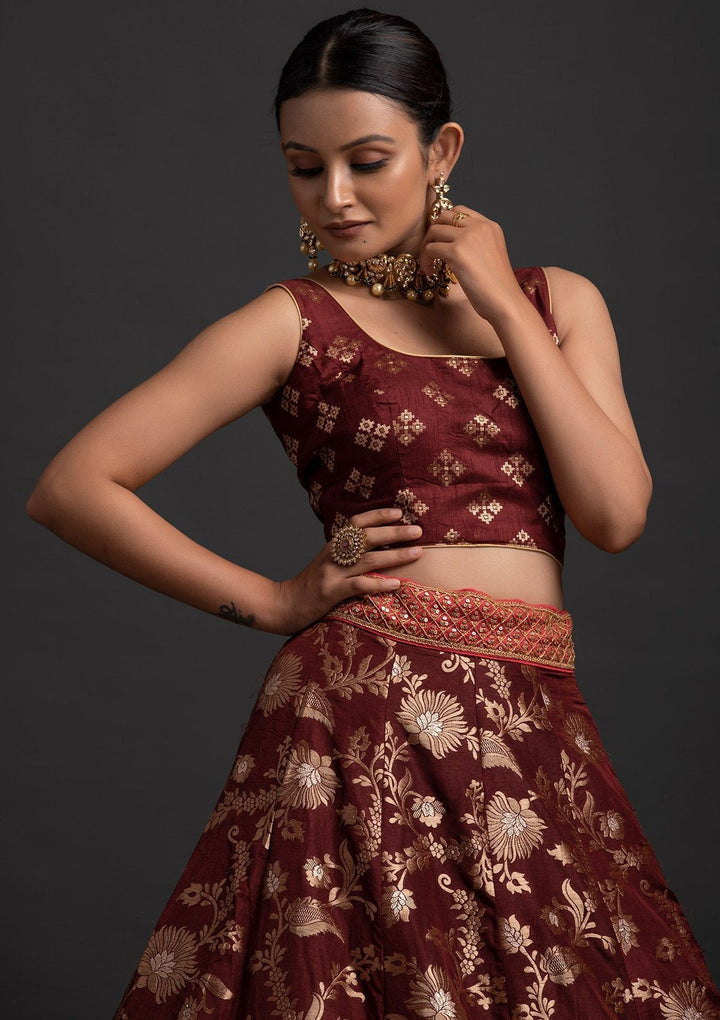 Maroon Sequins Banarasi Designer Semi-Stitched Lehenga - koskii