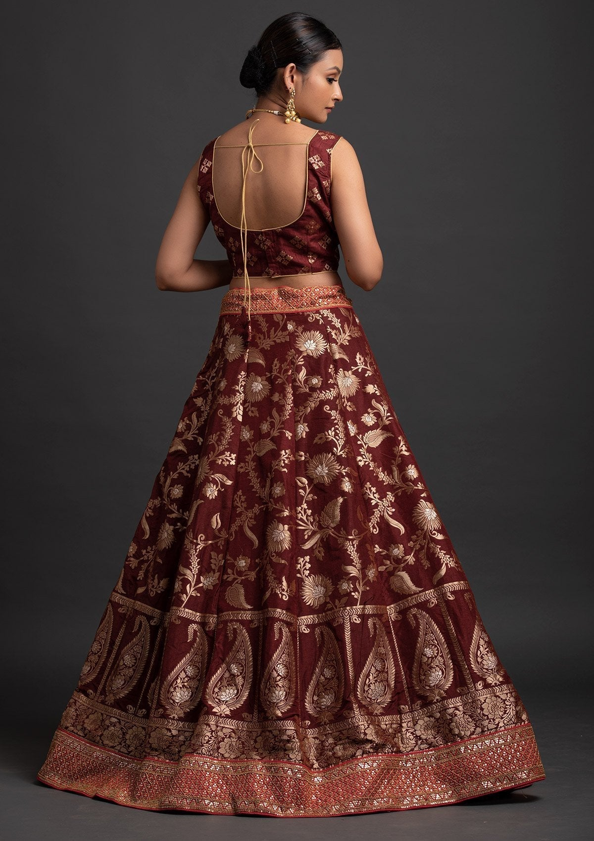 Maroon Sequins Banarasi Designer Semi-Stitched Lehenga - koskii