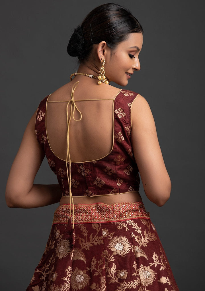 Maroon Sequins Banarasi Designer Semi-Stitched Lehenga - koskii