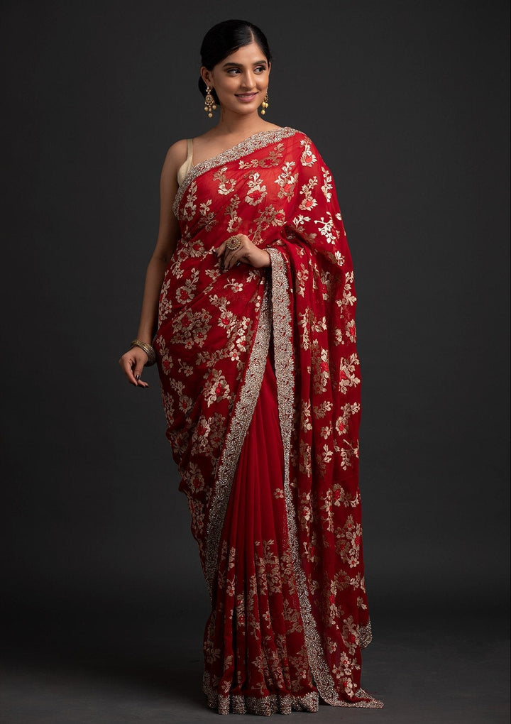 Maroon Silver Stonework Georgette Designer Saree - koskii