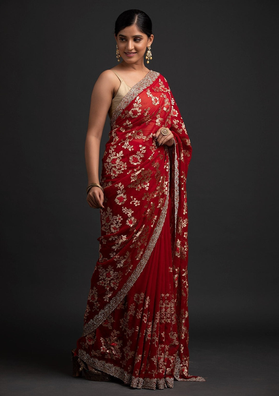 Maroon Silver Stonework Georgette Designer Saree - koskii