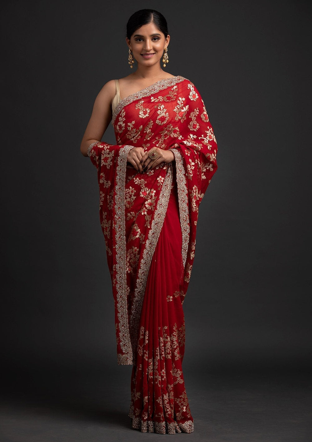 Maroon Silver Stonework Georgette Designer Saree - koskii
