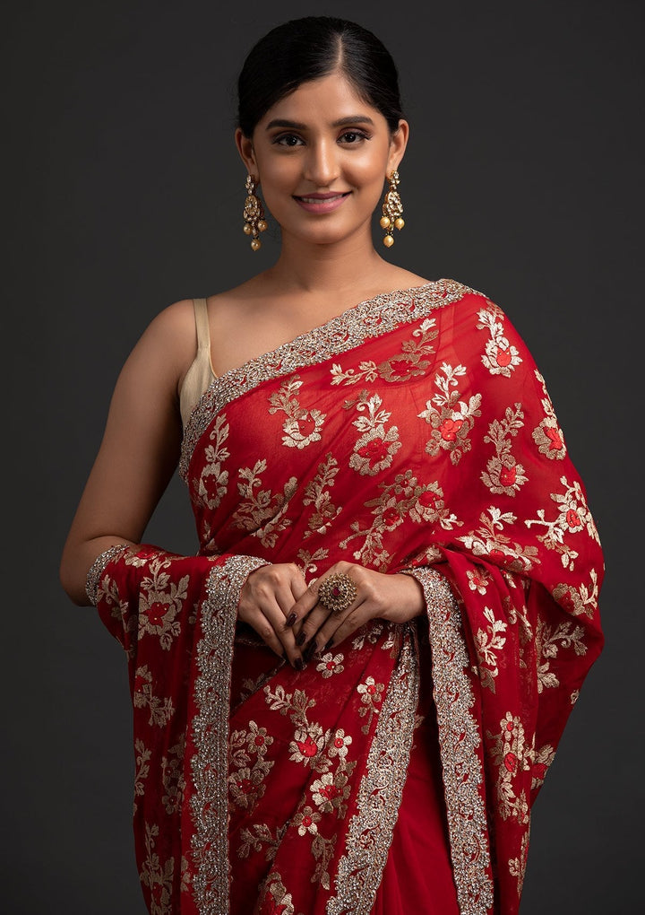 Maroon Silver Stonework Georgette Designer Saree - koskii