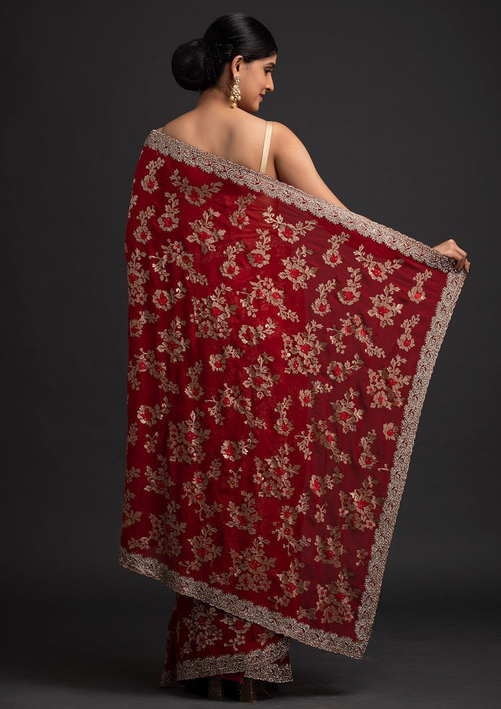 Maroon Silver Stonework Georgette Designer Saree - koskii