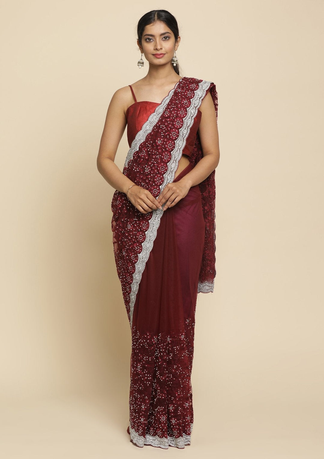 Maroon Silver Stonework  Net Designer Saree - koskii
