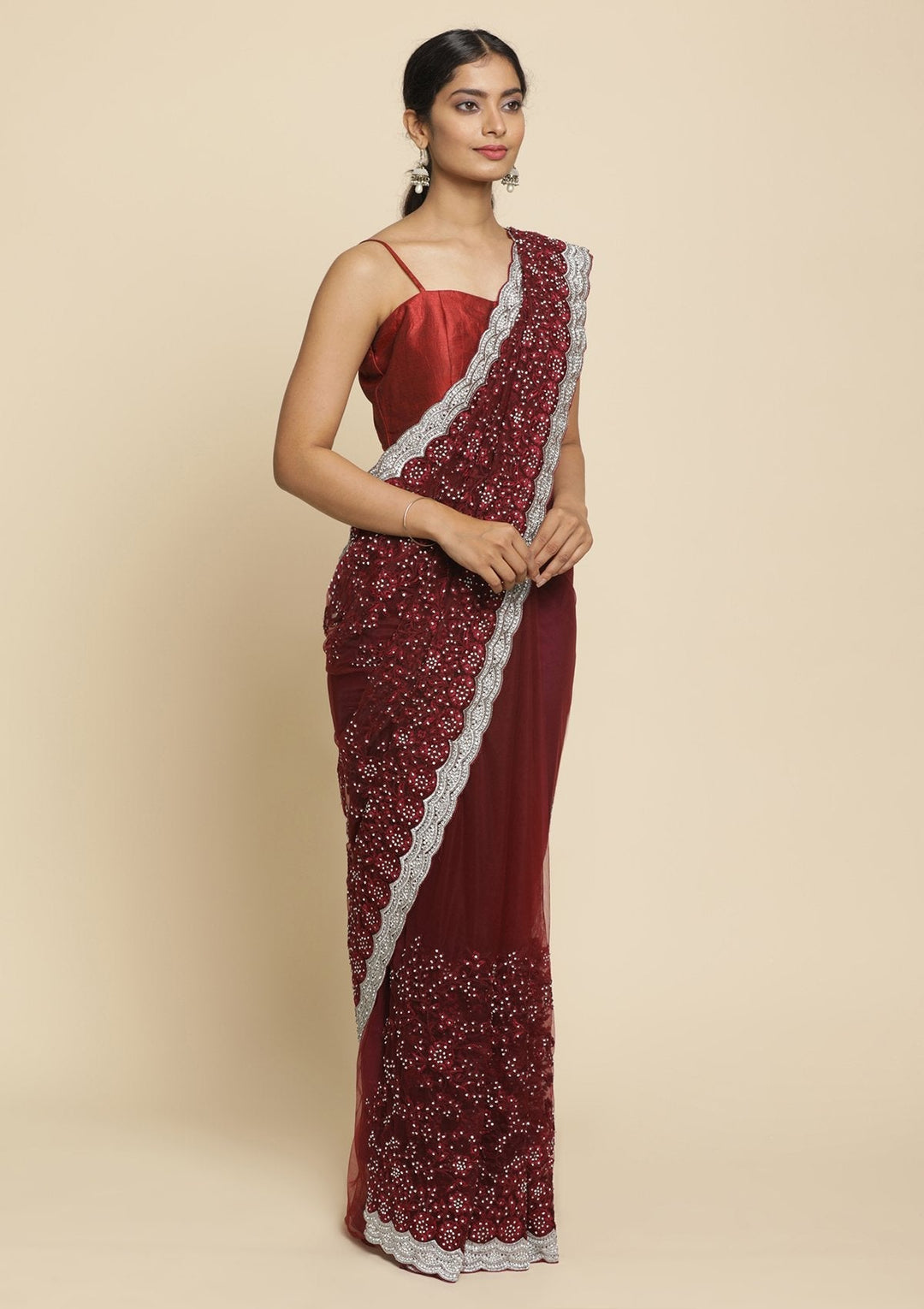 Maroon Silver Stonework  Net Designer Saree - koskii