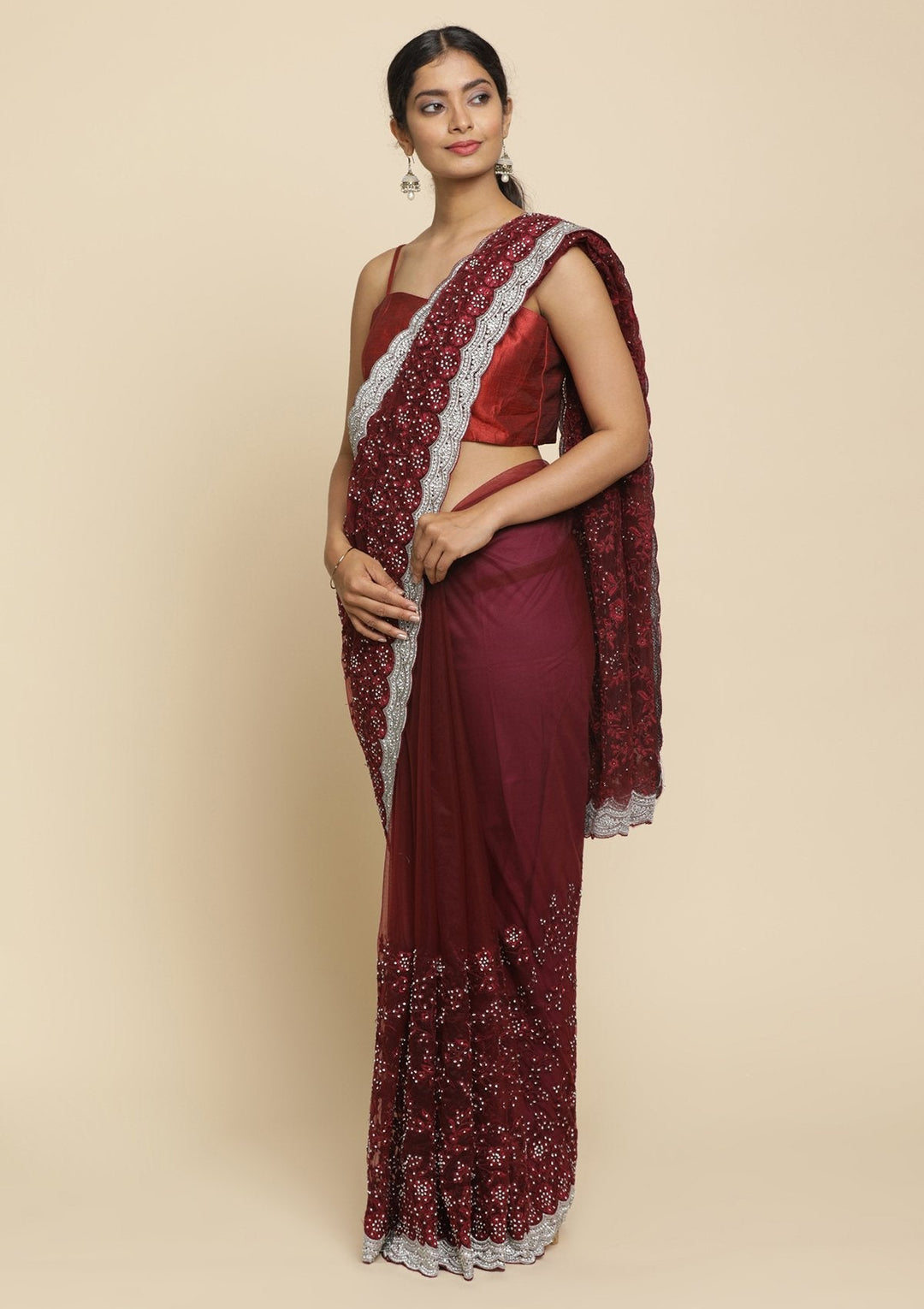 Maroon Silver Stonework  Net Designer Saree - koskii